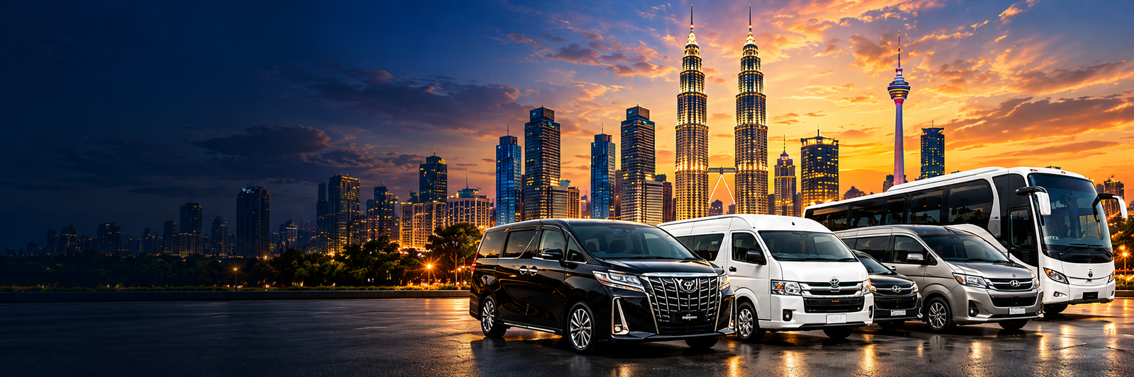 Kuala Lumpur skyline with chauffeur cars, vans and coach